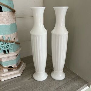 Vintage Tall White Milk Glass 10” Bud Vase Set of Two